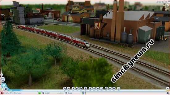 Поезд едет по городу в SimCity